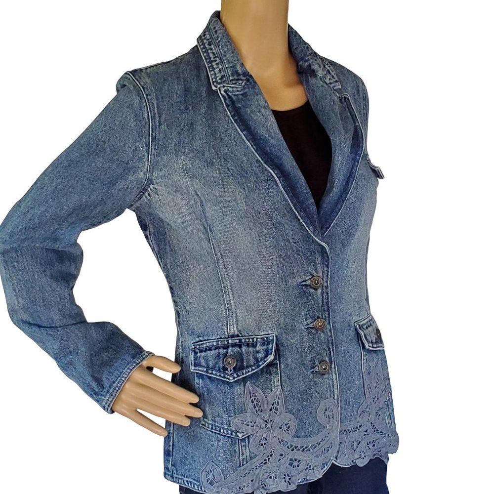 Americana Blue Jean Denim Jacket Blazer Women's 8 Fitted Lace Pockets Buttons